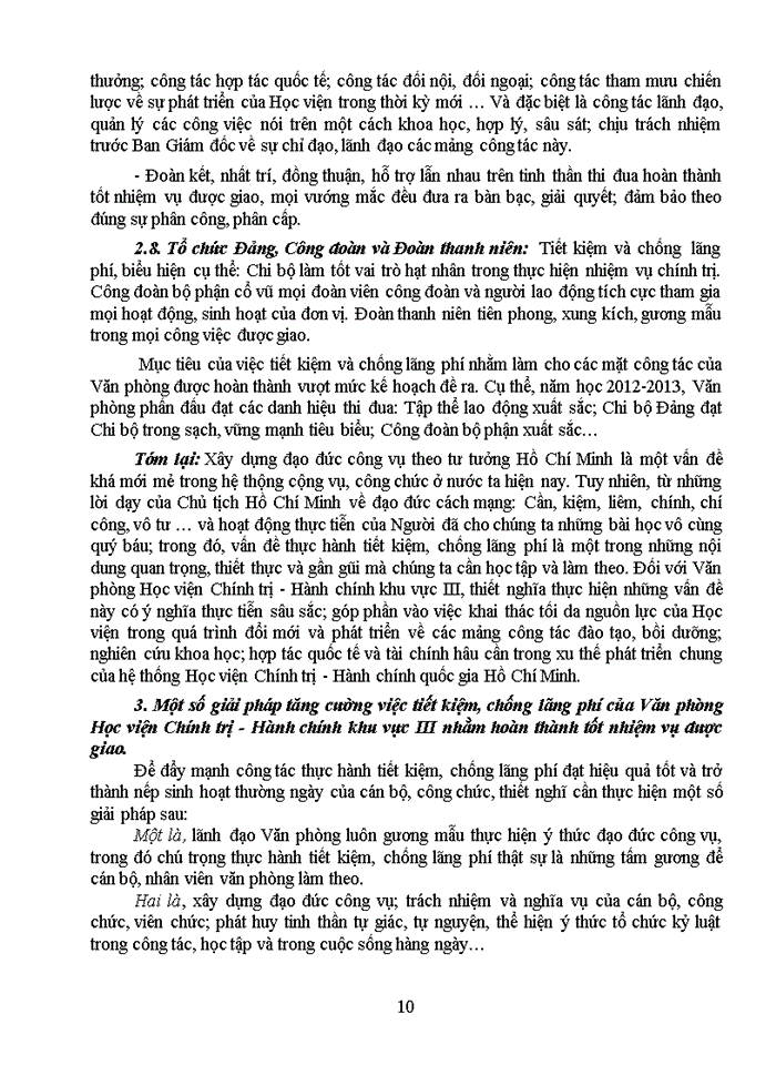 image for page Văn phòng học viện chính trị - hành chính khu vực iii với việc học tập tư tưởng hồ chí minh về thực hành tiết kiệm, chống tham ô, lãng phí, quan liêu