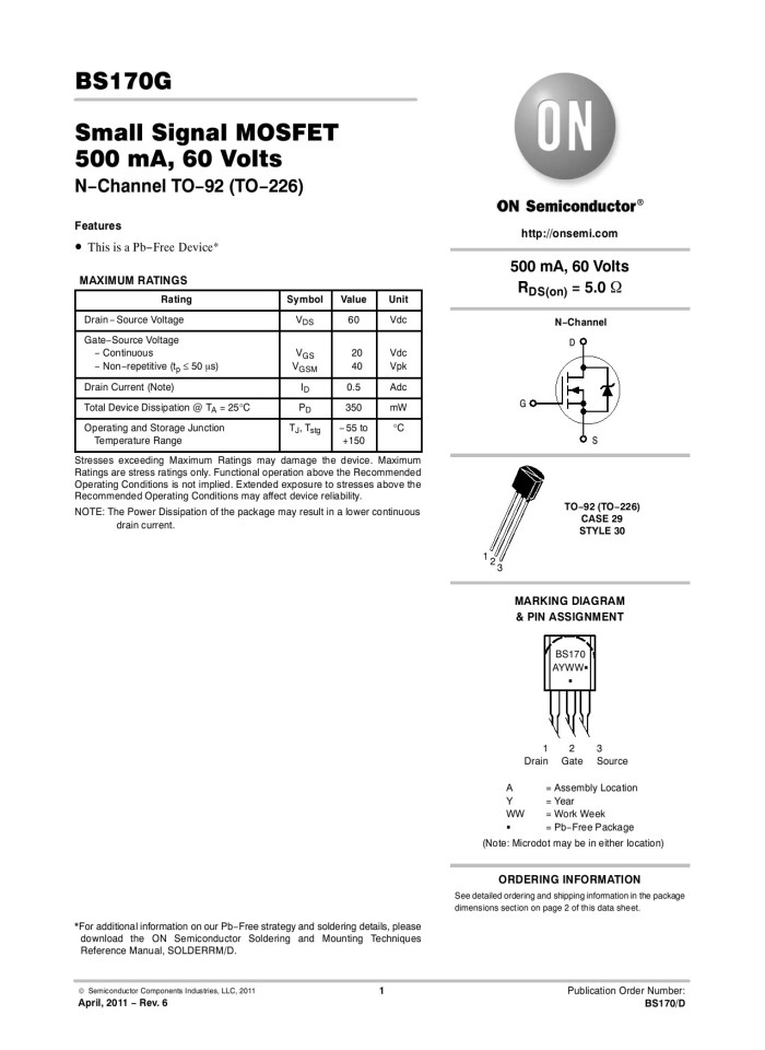 Small Signal MOSFET 500 mA, 60 Volts