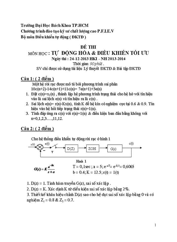 Đề thi môn tự động hóa và điều khiển tối ưu