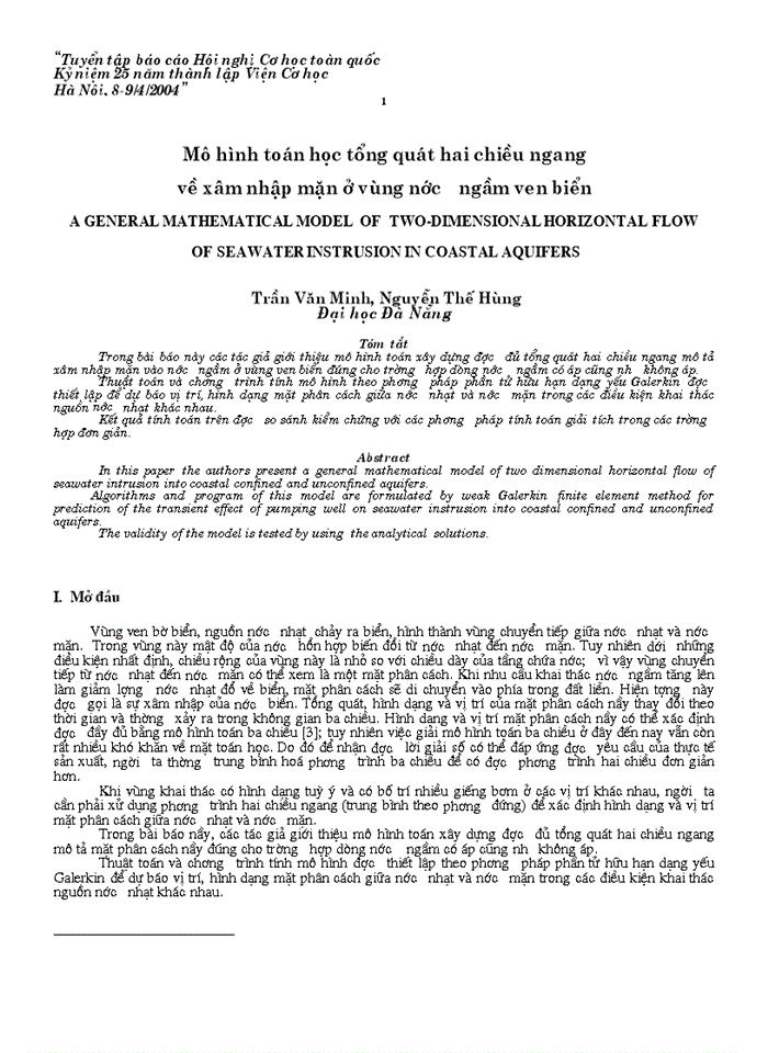 Mô hình toán học tổng quát hai chiều ngang  về xâm nhập mặn ở vùng nước ngầm ven biển