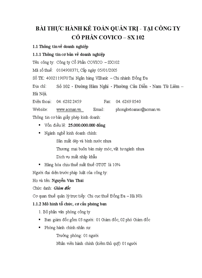 image for page Bài thực hành kế toán quản trị - tại công ty cổ phần covico – sx 102