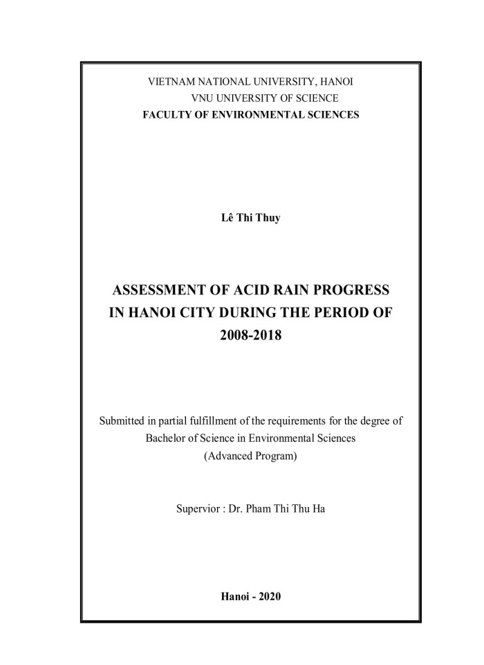 Assessment of acid rain progress in hanoi city during the period of 2008-2018