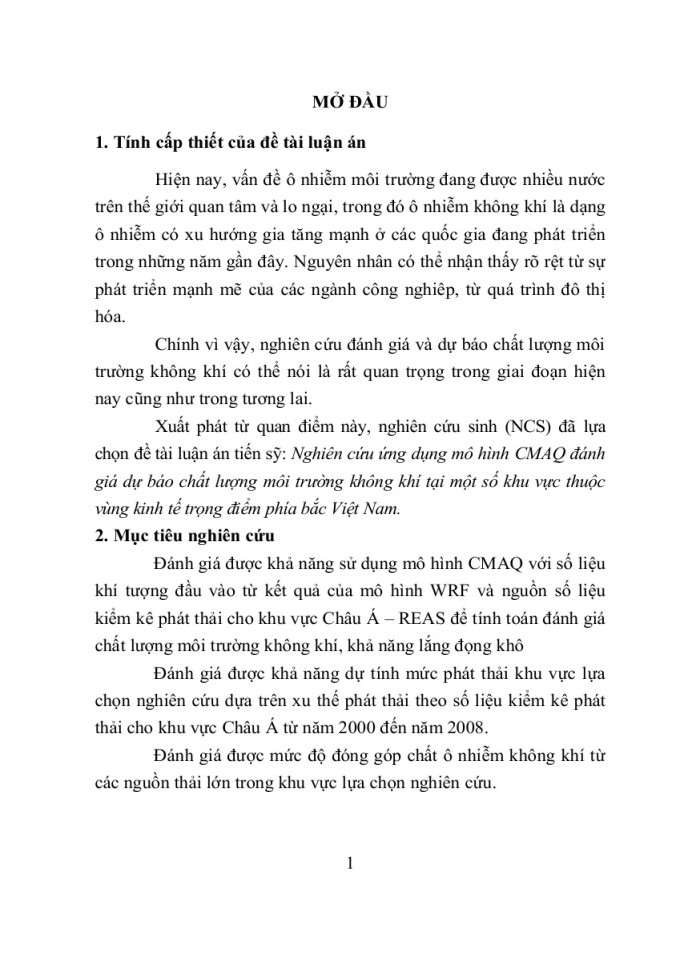 Nghiên cứu ứng dụng mô hình cmaq đánh giá dự báo chất lƣợng môi trƣờng không khí tại một số khu vực thuộc vùng kinh tế trọng điểm phía bắc VIỆT NAM