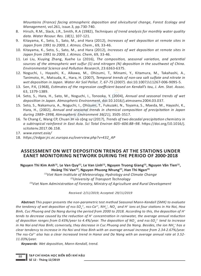 Nghiên cứu đánh giá xu thế lắng đọng ướt tại các trạm thuộc mạng lưới eanet của việt nam giai đoạn 2000-2018