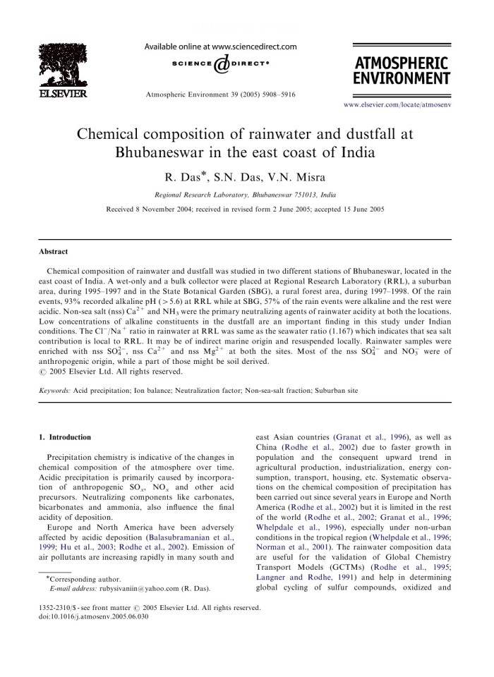 Chemical composition of rainwater and dustfall at Bhubaneswar in the east coast of India