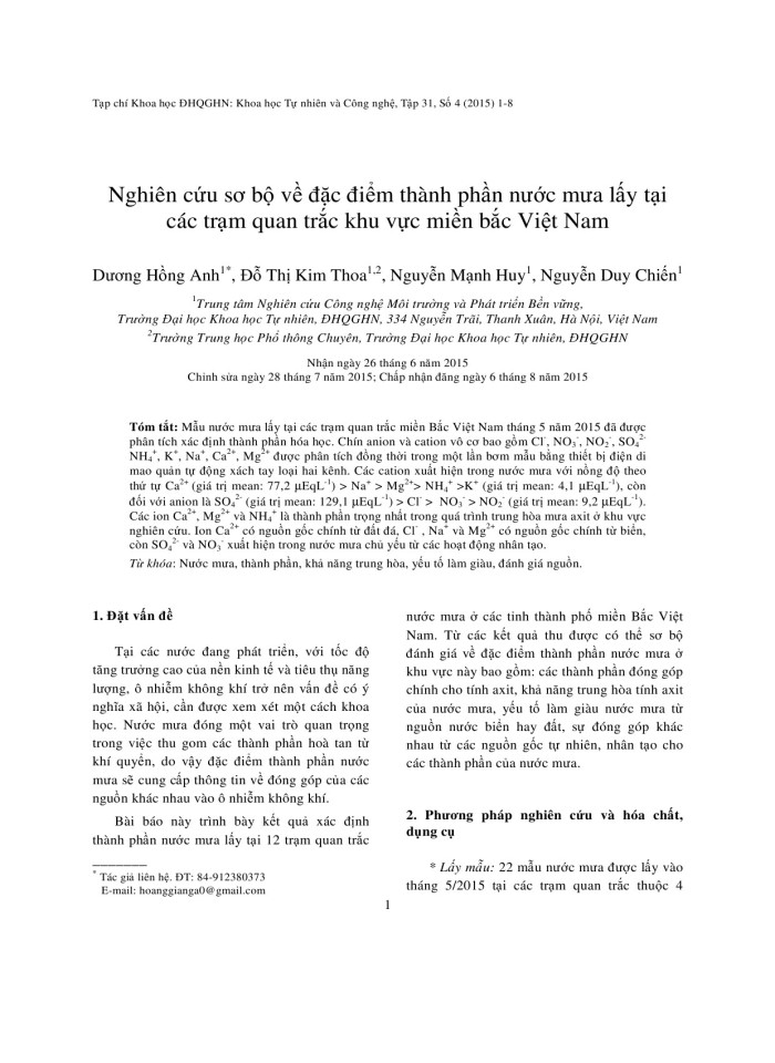 Nghiên cứu sơ bộ về đặc điểm thành phần nước mưa lấy tại các trạm quan trắc khu vực miền bắc