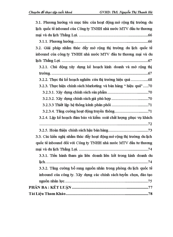 Phương hướng giải pháp thúc đẩy hoạt động mở rộng thị trường du lịch quốc tế inbound của công ty nhà nước TNHH MTV đầu tư thương mại và du lịch Thắng Lợi