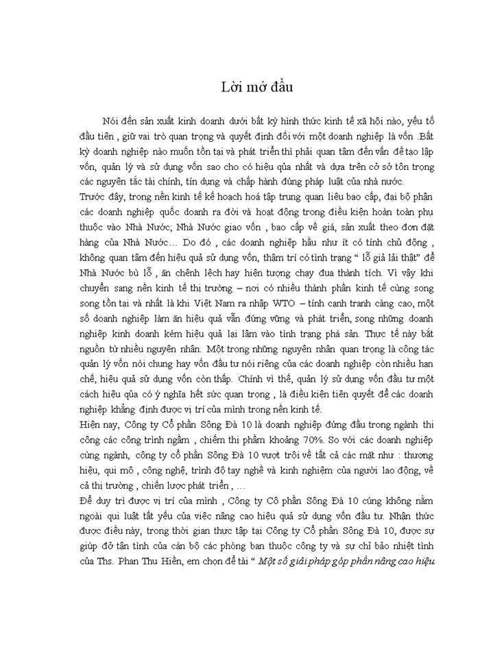 Một số giải pháp góp phần nâng cao hiệu quả sử dụng vốn đầu tư tại Công ty Cổ phần Sông Đà 10