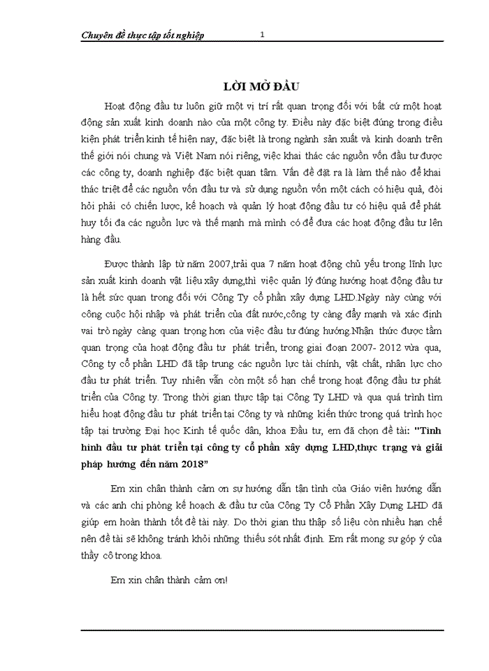 Thực trạng đầu tư và phát triển tại công ty cổ phần xây dựng LHD giai đoạn 2007-2013