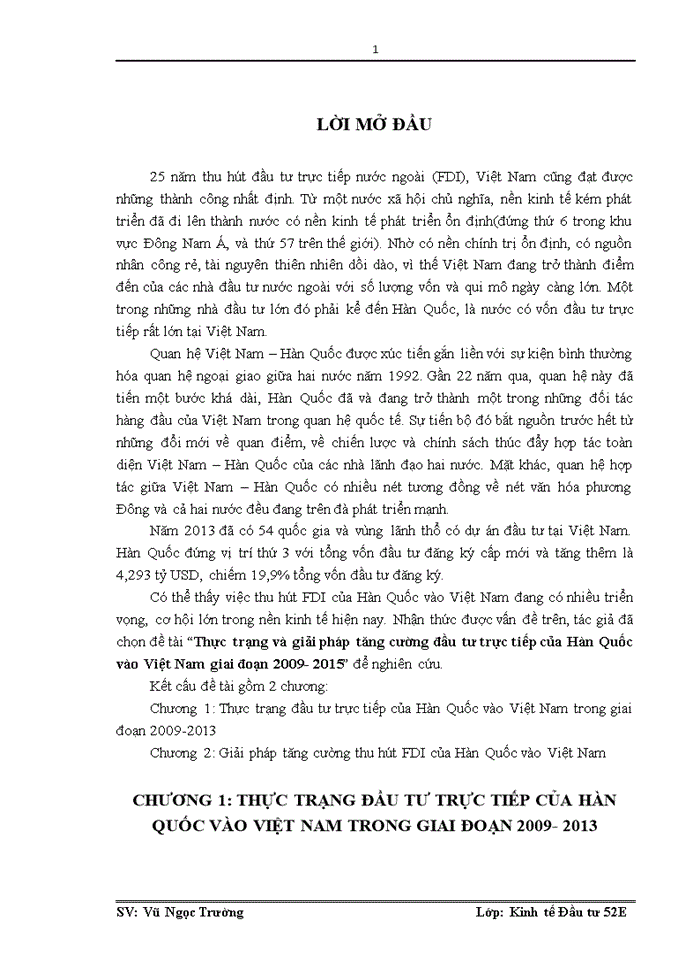 Thực trạng và giải pháp tăng cường đầu tư trực tiếp của HÀN QUỐC vào VIỆT NAM giai đoạn 2009- 2015