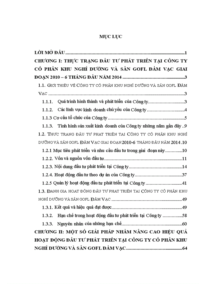 Thực trạng đầu tư phát triển tại công ty cổ phần khu nghỉ dưỡng và sân gofl đầm vạc giai đoạn 2010 – 6 tháng đầu năm 2014