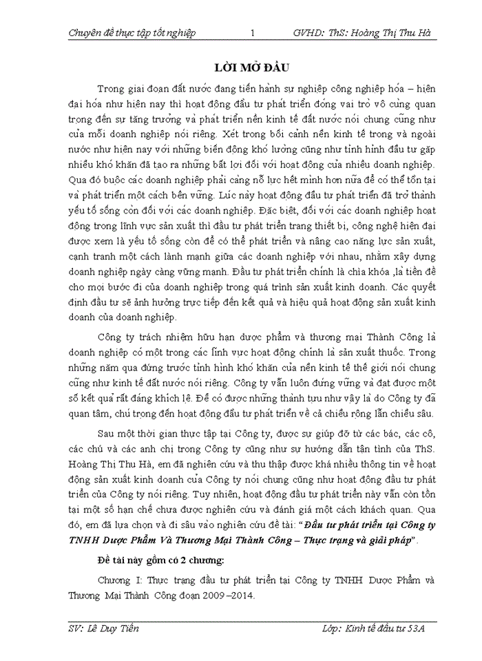 Đầu tư phát triển tại Công ty trách nhiệm hữu hạn Dược Phẩm và Thương Mại Thành Công – Thực trạng và giải pháp