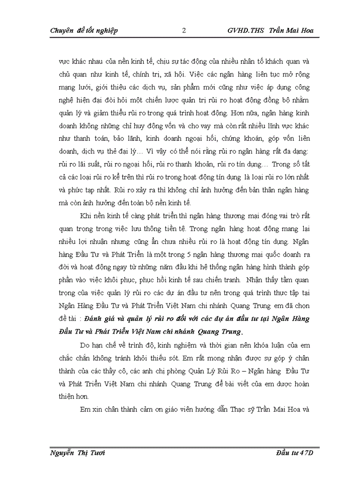image for page Đánh giá và quản lý rủi ro đối với các dự án đầu tư tại Ngân Hàng Đầu Tư và Phát Triển Việt Nam chi nhánh Quang Trung