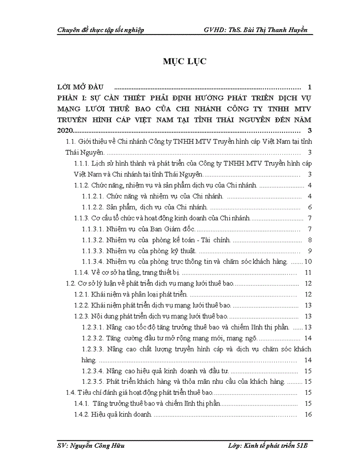 Định hướng và giải pháp phát triển dịch vụ mạng lưới thuê bao của Chi nhánh Công ty TNHH MTV Truyền hình cáp Việt Nam tại tỉnh Thái Nguyên đến năm 2020