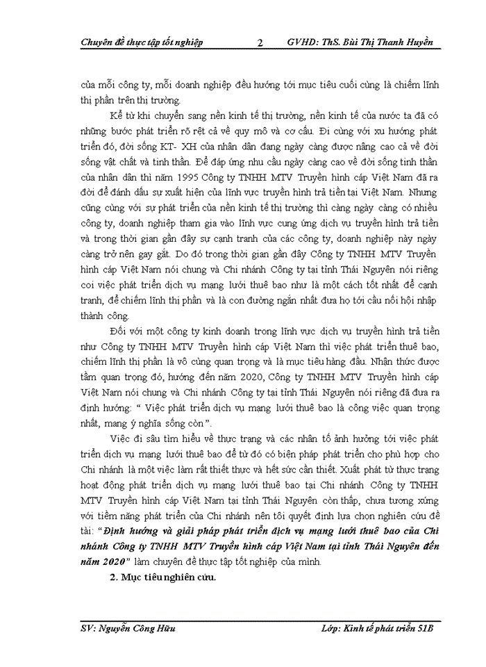 Định hướng và giải pháp phát triển dịch vụ mạng lưới thuê bao của Chi nhánh Công ty TNHH MTV Truyền hình cáp Việt Nam tại tỉnh Thái Nguyên đến năm 2020