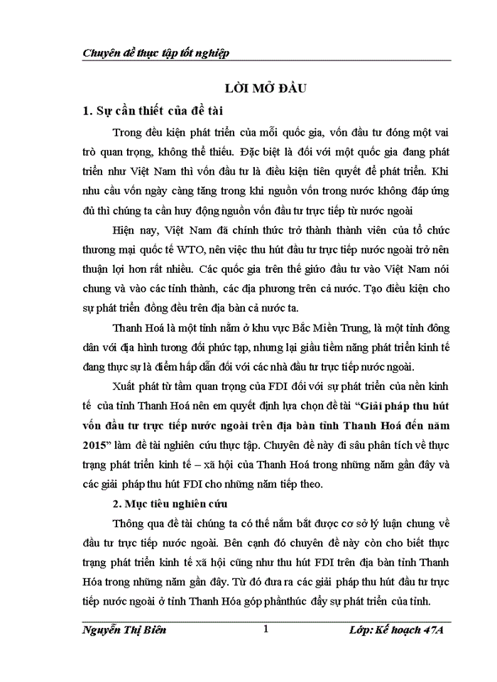 Giải pháp thu hút vốn đầu tư trực tiếp nước ngoài trên địa bàn tỉnh Thanh Hoá đến năm 2015
