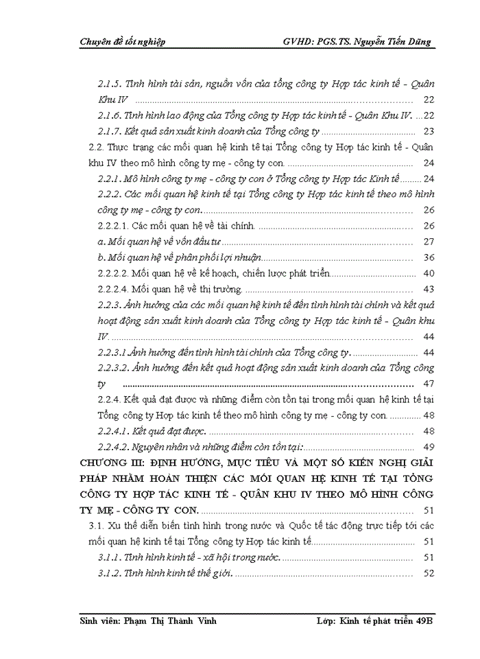 Giải pháp nhằm hoàn thiện các mối quan hệ kinh tế tại Tổng công ty Hợp tác kinh tế - Quân Khu IV theo mô hình công ty mẹ - công ty con