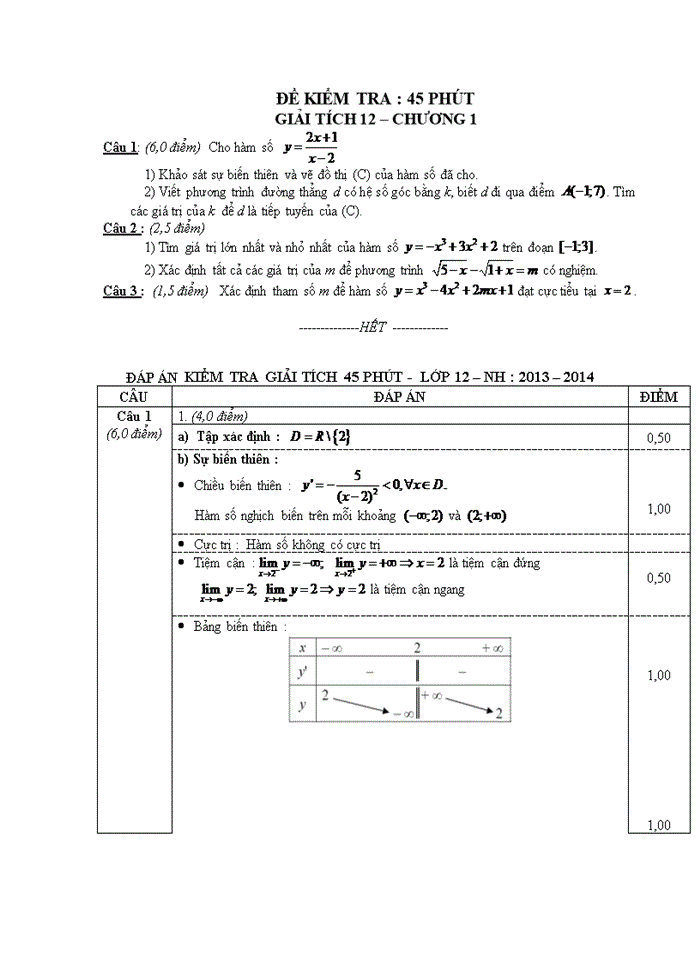 Đề thi thử nâng cao phần giải tích 12