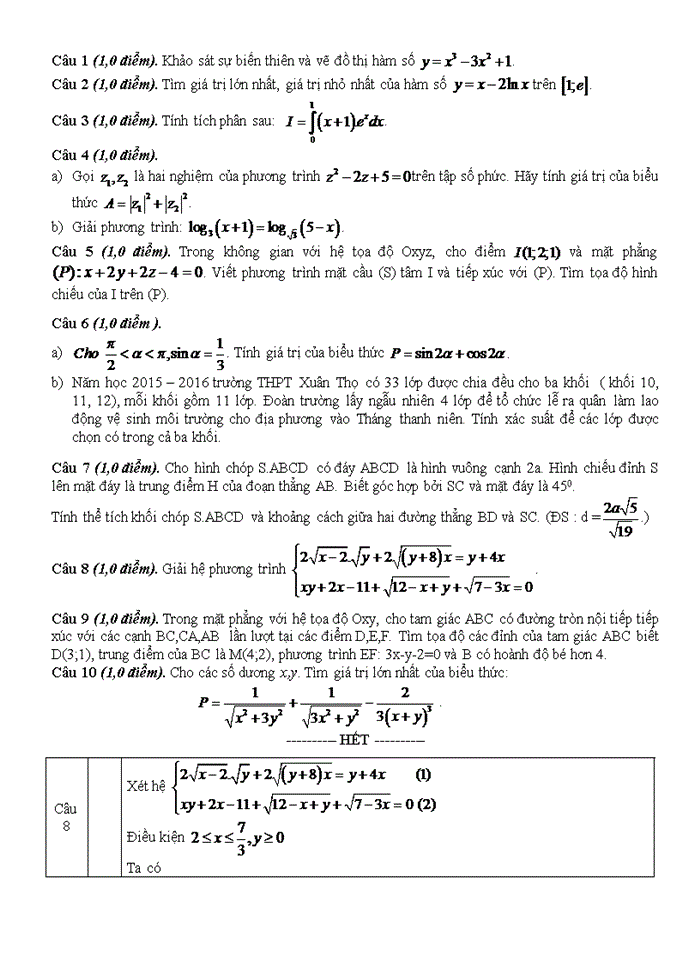 Đề thi thử THPT Quốc gia năm học 2015-2016 – ĐỀ 01 Môn thi: Toán