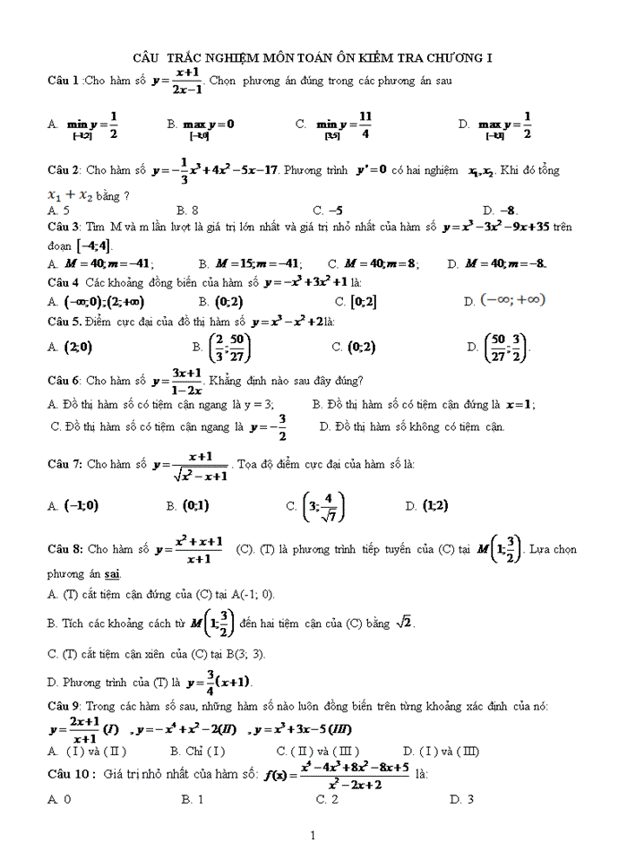 Câu  trắc nghiệm môn toán ôn kiểm tra chương I