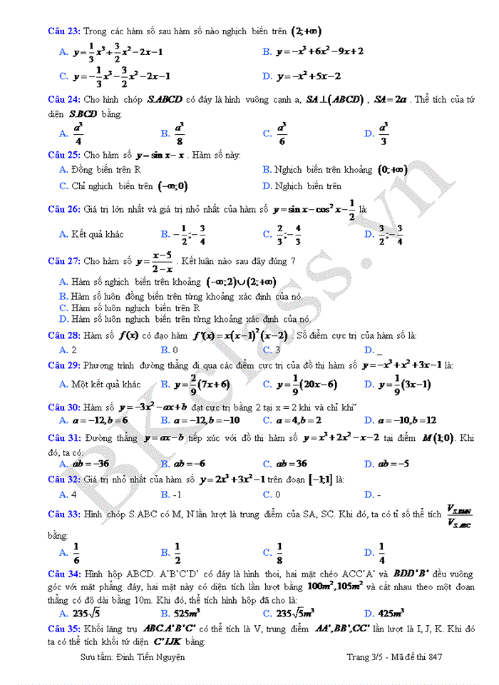 Đề thi giữa học kỳ I Môn Toán 12