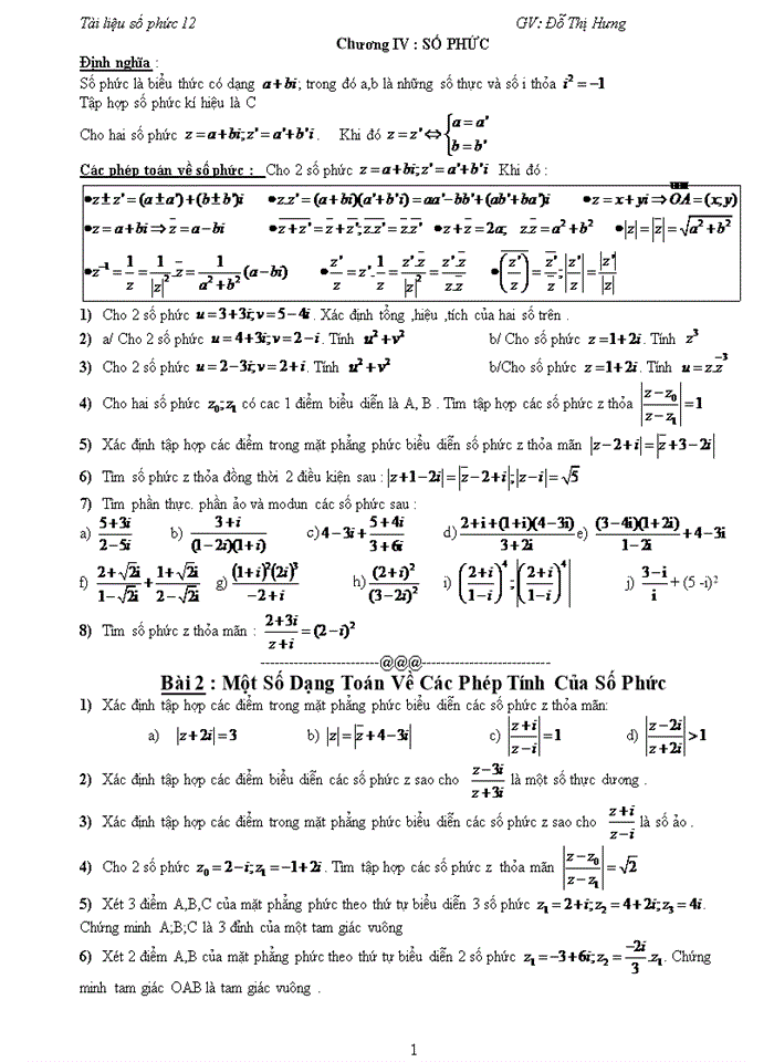 Số phức phần lý thuyết và các dạng bài tập phần 2