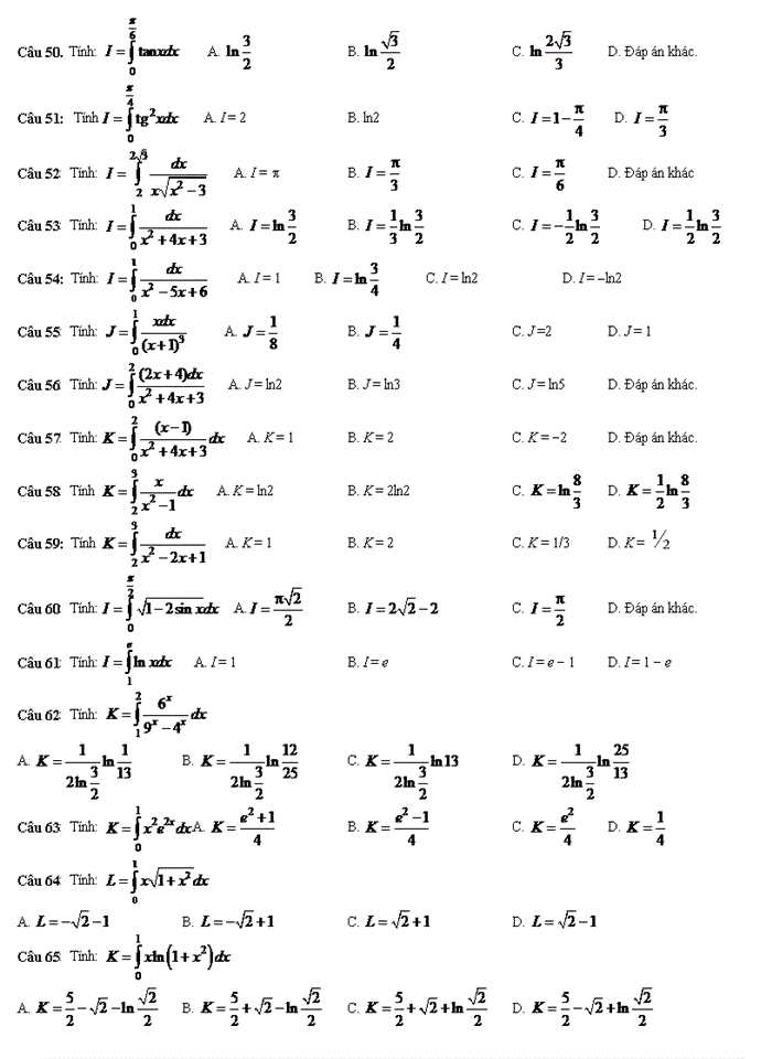 120 câu trắc nghiệm chương III - nguyên hàm_tích phân