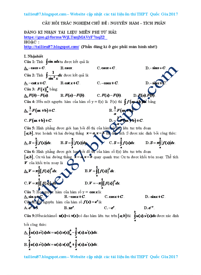 Câu hỏi trắc nghiệm chủ để : nguyên hàm – tích phân