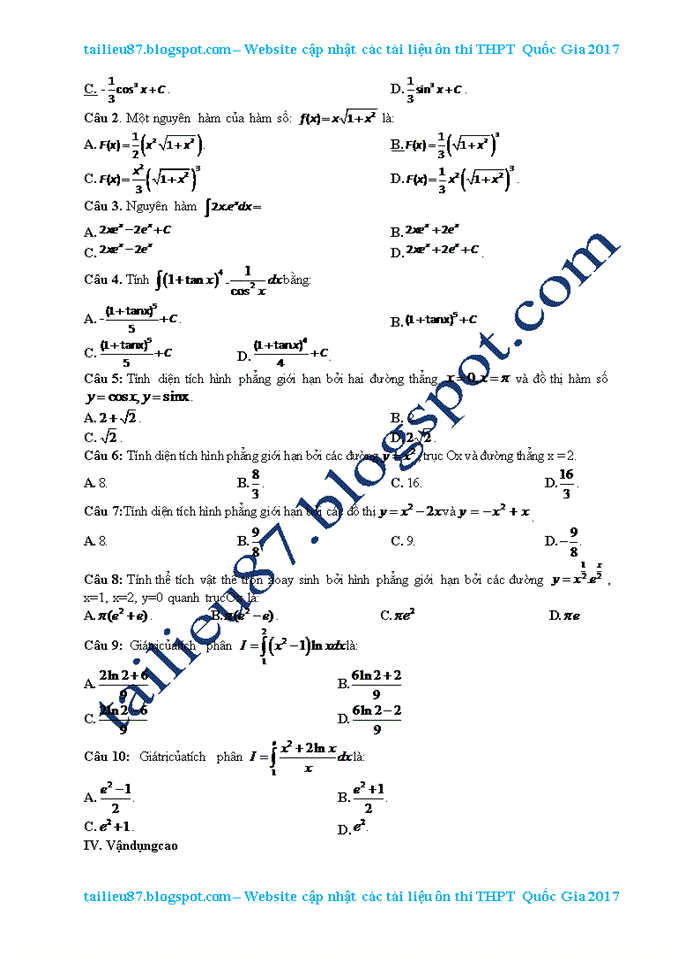 Câu hỏi trắc nghiệm chủ để : nguyên hàm – tích phân