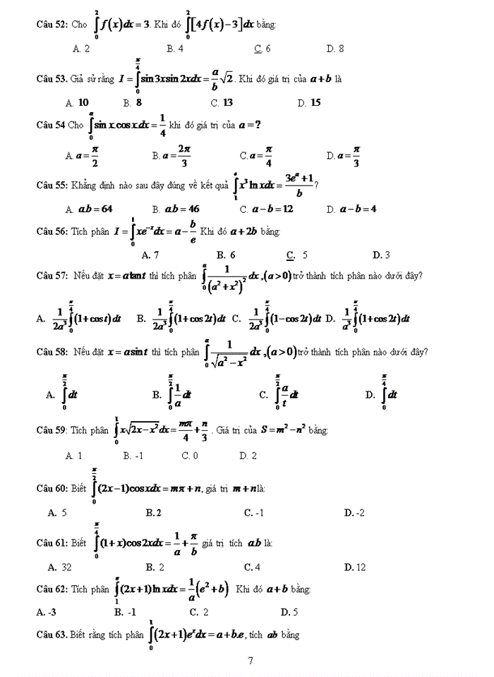 image for page Bài tập trắc nghiệm nguyên hàm – tích phân - ứng dụng