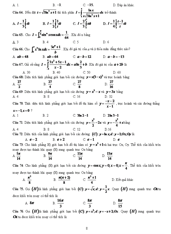 image for page Bài tập trắc nghiệm nguyên hàm – tích phân - ứng dụng