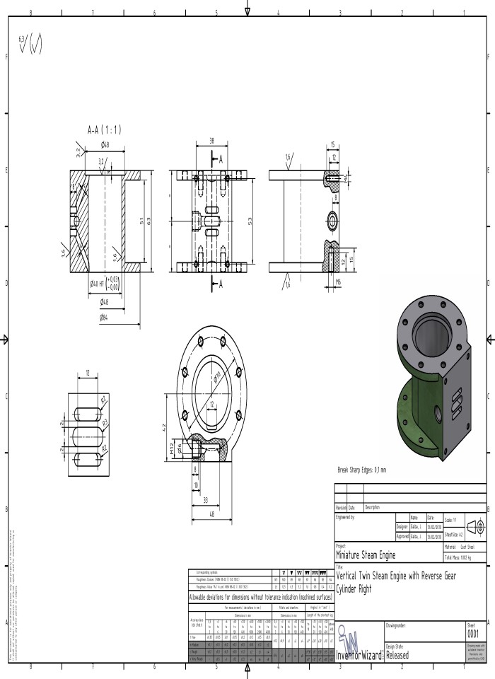 Vertical twin steam engine with reverse gear cylinder right