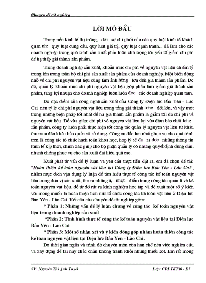 Hoàn thiện kế toán nguyên vật liệu tại Công ty Điện lực Bảo Yên - Lào Cai