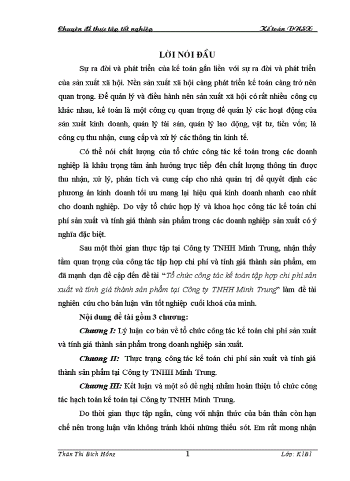 Tổ chức công tác kế toán tập hợp chi phí sản xuất và tính giá thành sản phẩm tại Công ty TNHH Minh Trung