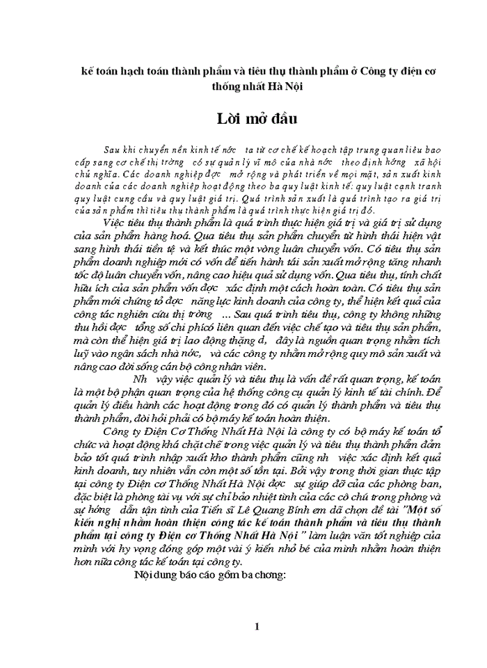 kế toán hạch toán thành phẩm và tiêu thụ thành phẩm ở Công ty điện cơ thống nhất Hà Nội