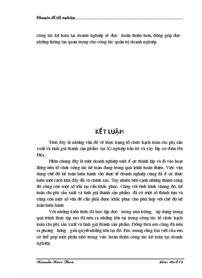 image for page Hoàn thiện hạch toán chi phí sản xuất và tính giá thành sản phẩm tại Xí nghiệp bảo trì và xây lắp cơ điện Hà Nội