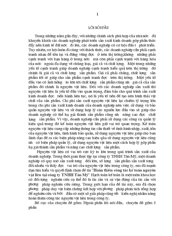Hoàn thiện công tác kế toán nguyên vật liệu tại công ty TNHH Tân Mỹ