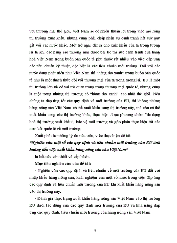 Nghiên cứu một số các quy định và tiêu chuẩn môi trường của EU ảnh hưởng đến việc xuất khẩu hàng nông sản của Việt Nam
