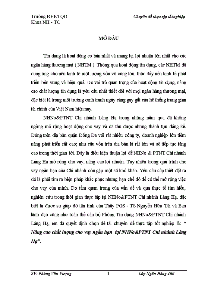 image for page Nâng cao chất lượng cho vay ngắn hạn  tại NHNo&PTNT Chi nhánh Láng Hạ