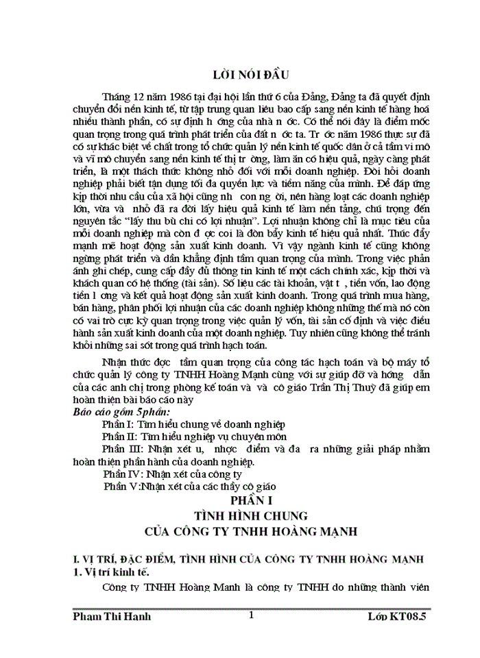 công tác hạch toán và bộ máy tổ chức quản lý công ty TNHH Hoàng Mạnh