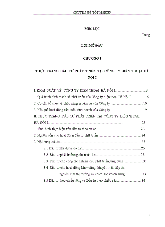 Thực trạng đầu tư phát triển tại công ty điện thoại HÀ NỘI I