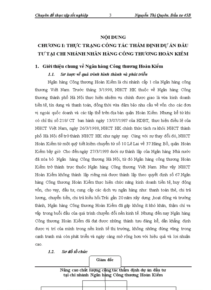 Nâng cao chất lượng công tác thẩm định dự án đầu tư tại chi nhánh Ngân hàng Công thương Hoàn Kiếm