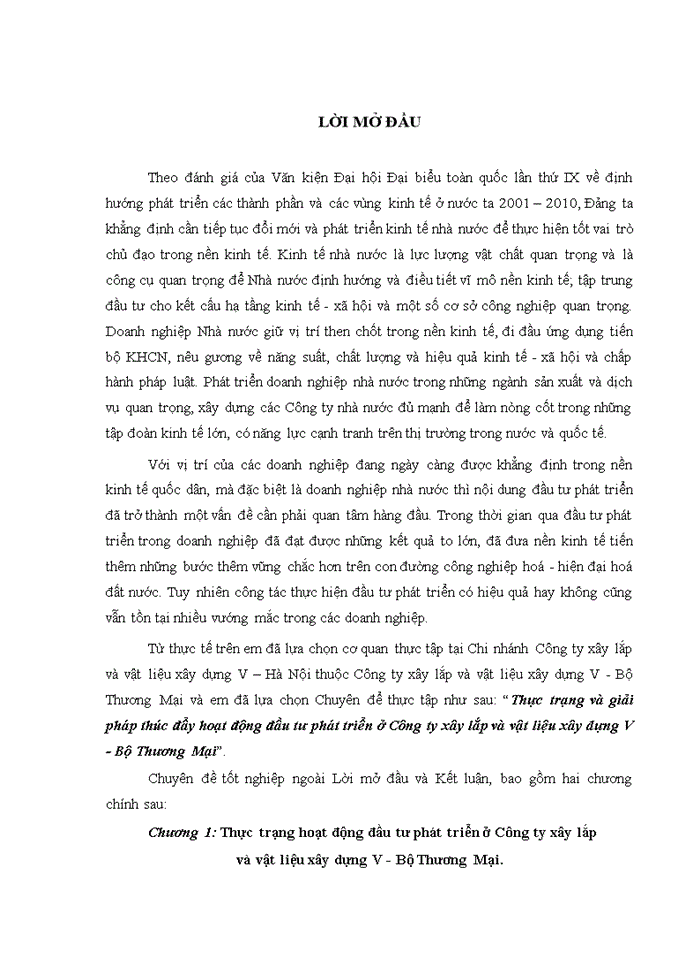 Thực trạng và giải pháp thúc đẩy hoạt động đầu tư phát triển ở Công ty xây lắp và vật liệu xây dựng V - Bộ Thương Mại