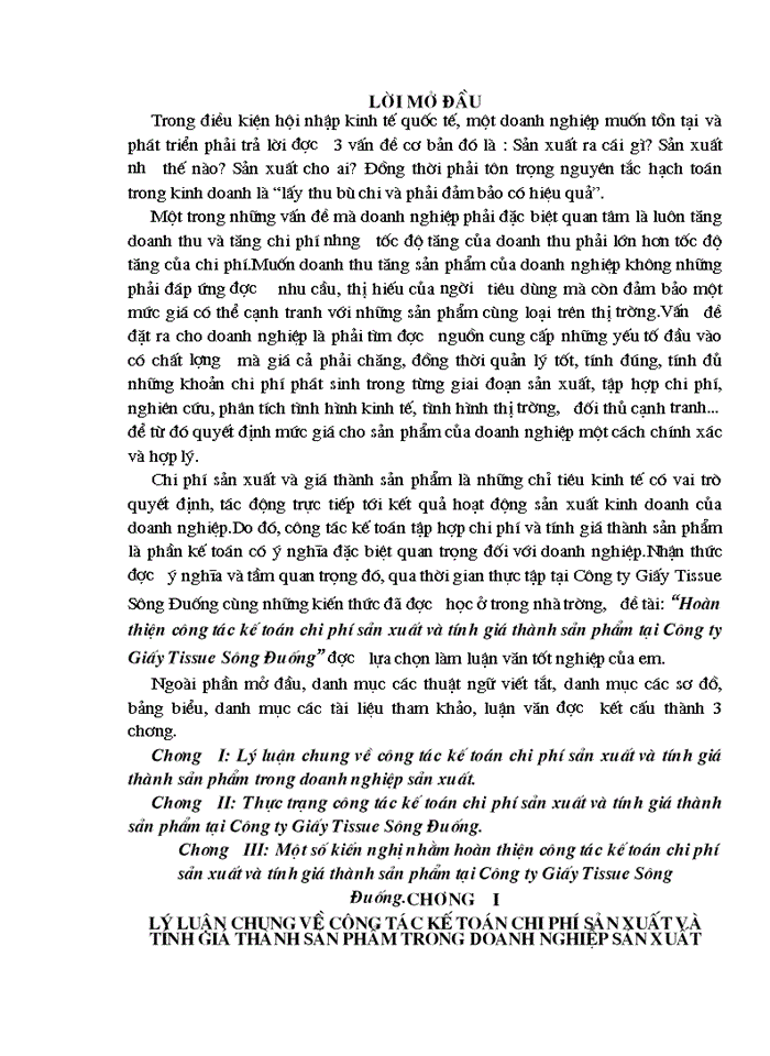 Hoàn thiện công tác kế toán chi phí sản xuất và tính giá thành sản phẩm tại Công ty Giấy Tissue Sông Đuống