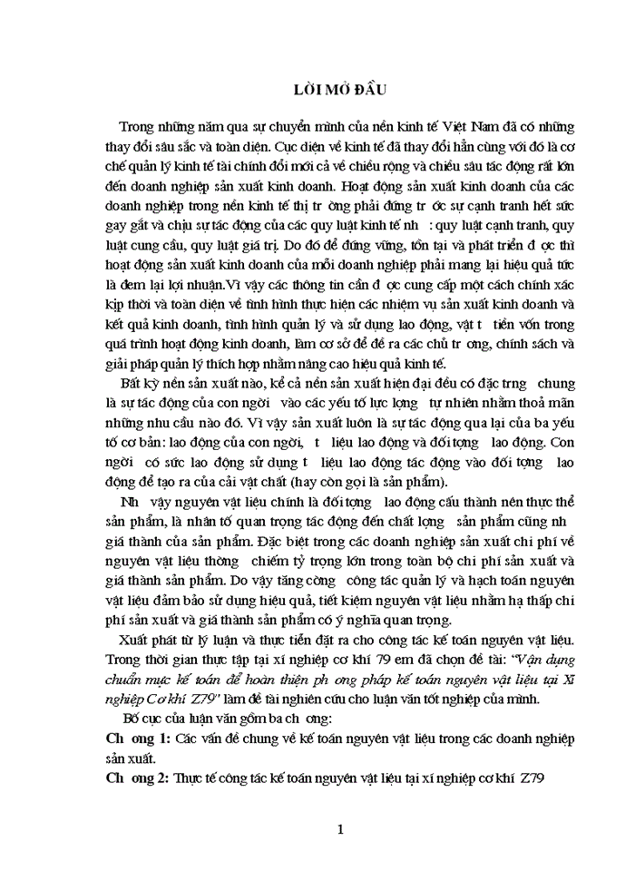 Vận dụng chuẩn mực kế toán để hoàn thiện phương pháp kế toán nguyên vật liệu tại Xí nghiệp Cơ khí  Z79