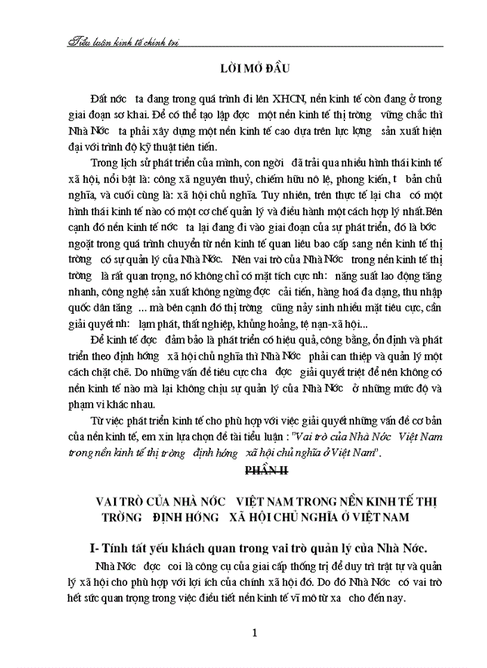 Vai trò của Nhà Nước Việt Nam trong nền kinh tế thị trường định hướng xã hội chủ nghĩa ở Việt Nam