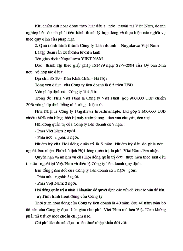 image for page Trình bày việc khởi sự ( chuẩn bị ), đăng ký, thành lập, tổ chức bộ máy và hoạt động của một doanh nghiệp liên doanh- Công ty liên doanh Nagakawa Việt Nam