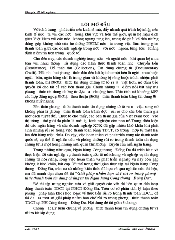 Giải pháp nhằm hạn chế rủi ro trong phương thức thanh toán tín dụng chứng từ tại Ngân hàng Công thương Đống Đa