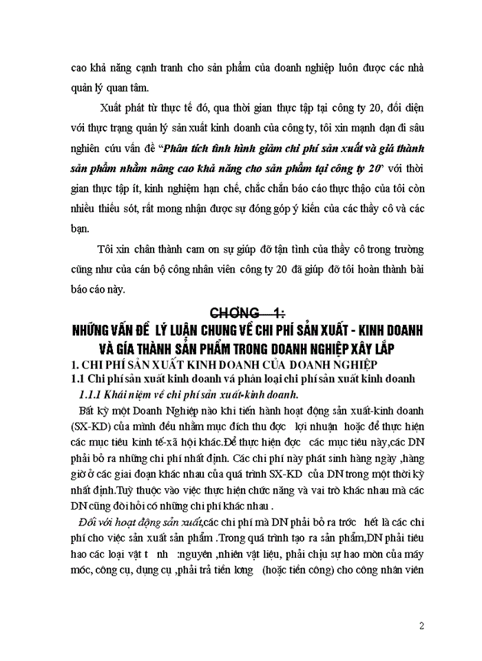 Phân tích tình hình giảm chi phí sản xuất và giá thành sản phẩm nhằm nâng cao khả năng cho sản phẩm tại công ty 20