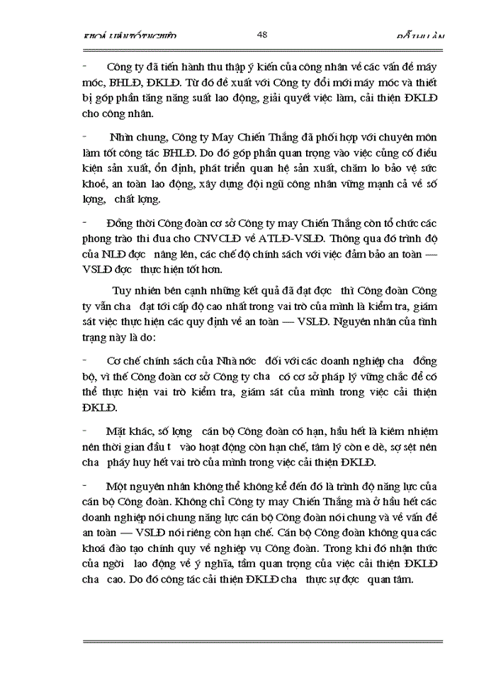 image for page Vai trò của Công đoàn trong việc cải thiện điều kiện lao động cho công nhân (Qua khoả sát tại Công ty CP may Chiến Thắng- năm 2006)